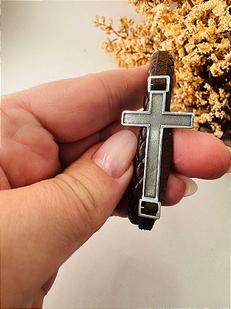 Pulseira masculina courino Cruz na prata 925