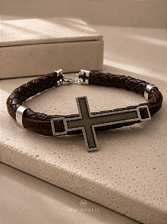 Pulseira masculina courino Cruz na prata 925