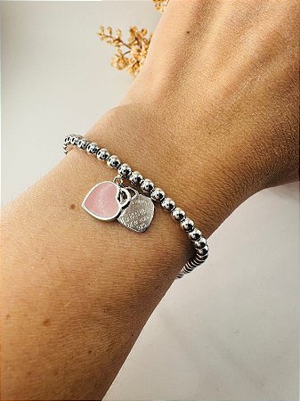 Pulseira inspiração Tiffany bolinha coração duplo rosa