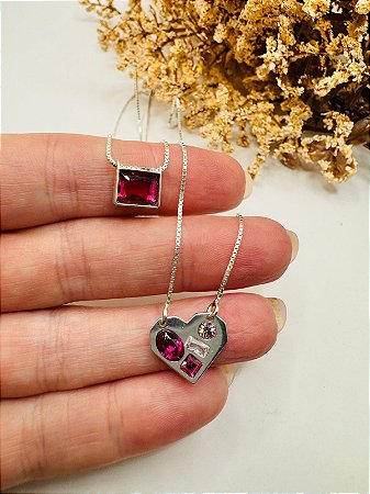 Escapulário coração origami com pedras austríacas rosa