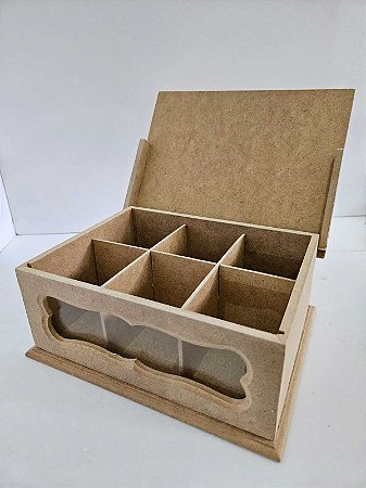 Caixa de chá 6 lugares com vidro- 22x9x17cm