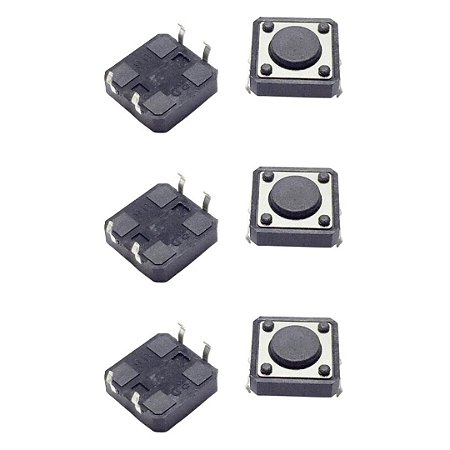 Tact Switch KFC-A06 - 4 Pinos, 12x12x4.3mm, Preto, Ângulo 180°