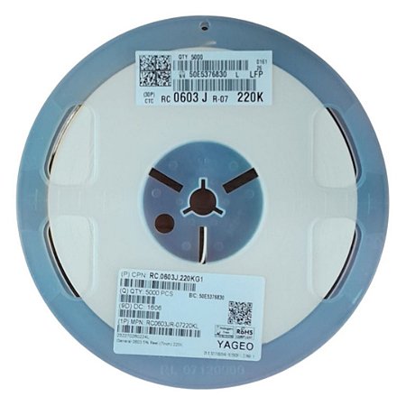 Resistor SMD 220K 0603 5% - Kit Rolo 5.000 RC0603JR-07220KL