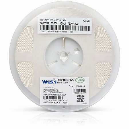 Capacitor Multicamadas MLCC 1pF 50V C0G/NP0 SMD 0603 (±0,25pF) – Rolo 4000