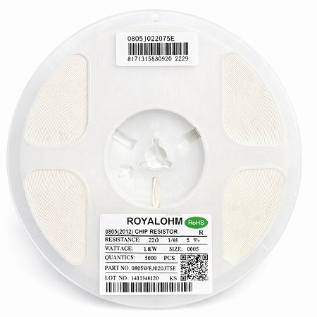 Resistor Chip SMD 22R 0805 1/8W 5% (0805W8J0220T5E) – Rolo 5000 Peças