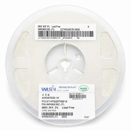 Resistor SMD 3.9K 0805 1/8W Tolerância 5% WR08X392JTL – 5.000 Peças