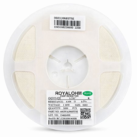 0603WAFJ0685T5E Resistor SMD 6.8MΩ 0603 0.1W 5% – Rolo com 5000 Peças