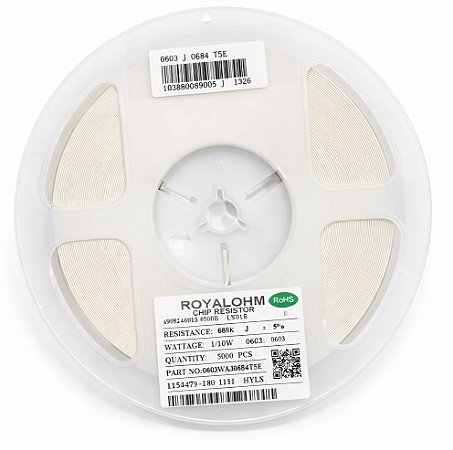 Resistor SMD 680K 0603 100mW 5% Royalohm 0603WAJ0684T5E - 5000 Peças