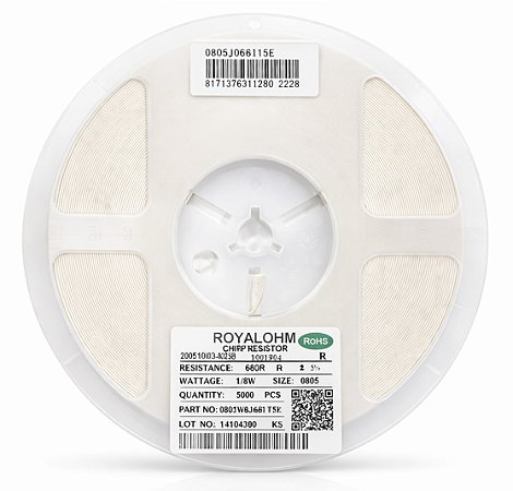 Resistor Chip 680R 0805 1/8W 5% Royalohm 0805W8J0681T5E – Rolo 5.000