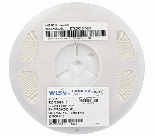 Resistor Chip SMD 56K 0805 1/8W 5% (WR08X563 JTL) – Reel 5000 Unidades