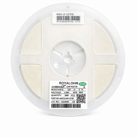 Resistor 12KΩ SMD 0603 1/10W 5% Royalohm 0603WAJ0123T5E – 5.000 Unidades