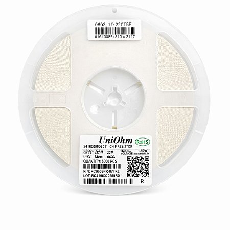 Resistor 22R SMD 0603 1/10W 5% Royalohm 0603WAJ0220T5E – 5.000 Unidades