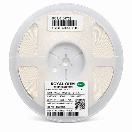 Resistor SMD 0805 10MΩ 1/8W 5% Royalohm 0805W8J0106T5E – 5.000 Unidades