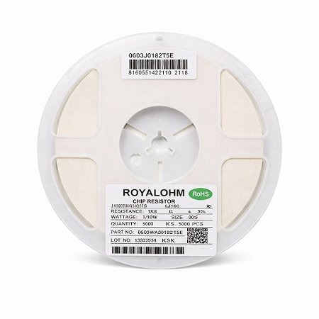 Resistor 1K8 SMD 0603 100mW 5% Royalohm 0603WAJ0182T5E – Bobina 5.000 Unidades