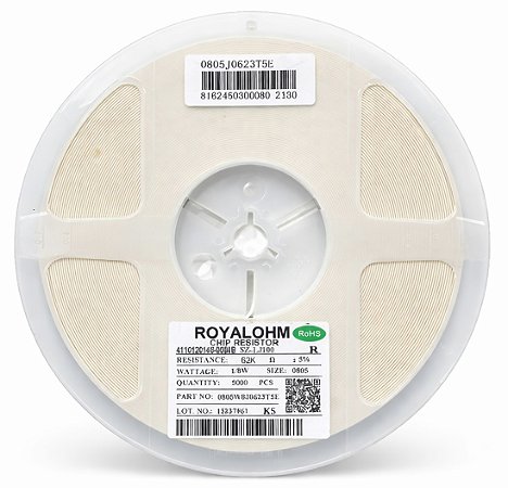 Resistor SMD 62K 0805 5% 1/8W Royalohm 0805J0623T5E - 5.000 Unidades
