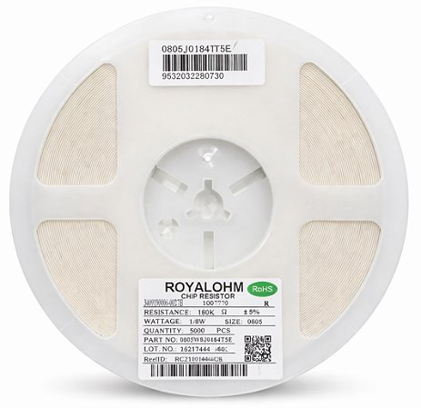 Resistor 180K SMD 0805 1/8W 5% Royalohm 0805W8J0184T5E - 5.000 Peças