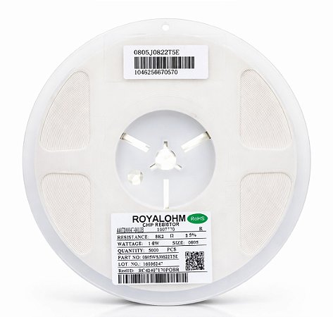 Resistor 8K2 SMD 0805 1/8W 5% Royalohm 0805W8J0822T5E - 5.000 Unidades