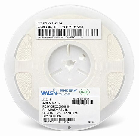 WR06X4R7JTL Resistor SMD 4R7 0603 1/10W 5% - Rolo com 5000 Unidades