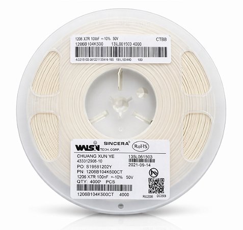 Rolo 4000x Capacitor SMD 100nF 50V X7R 1206 ±10% PN 1206B104K500CT