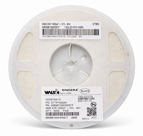 Capacitor SMD 0805 1000pF 1nF 50V 10% Walsin 0805B102K500CT - 4000pcs