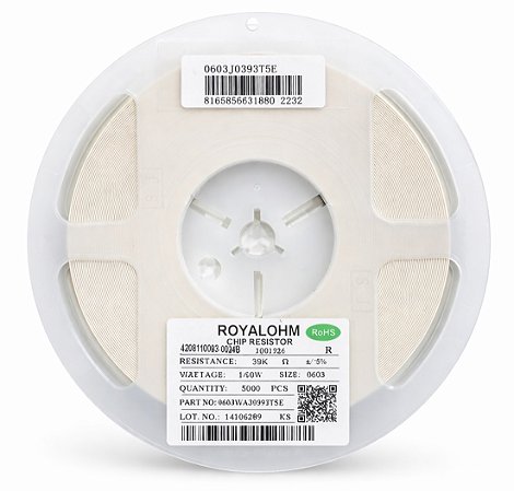 Resistor 39K SMD 0603 1/10W 5% Royalohm (0603WAJ0393T5E) - Rolo 5.000