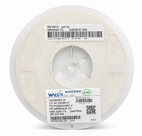 WR08X824 JTL Resistor SMD 820K 0805 1/8W – Embalagem 5.000 Unidades