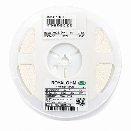Resistor SMD 0805 20K Ohms 1/8W 5% – Embalagem 5.000 Unidades (0805W8J0203T5E)