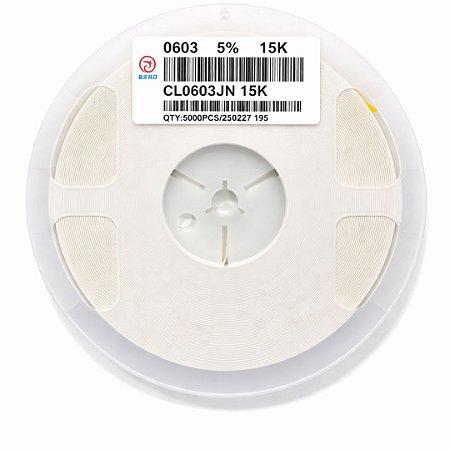 Resistor SMD 0603 15K Ohms 1/10W 5% – Embalagem 5.000 Unidades (CL0603JN 15K)