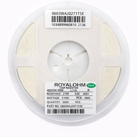 Resistor SMD 0603 270 Ohms 1/10W 5% – Embalagem 5.000 Unidades (0603WAJ0271T5E)