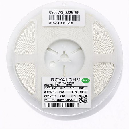 Resistor SMD 0805 2M2 Ohms 1/8W 5% – Embalagem 5.000 Unidades (0805W8J0225T5E)