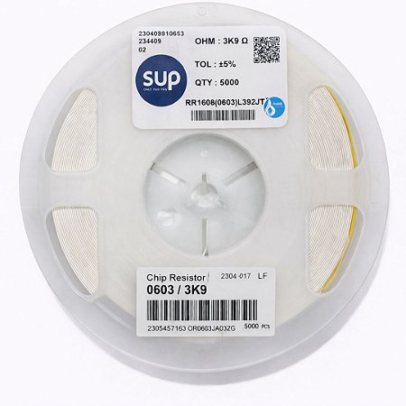 Resistor SMD 0603 3K9 Ohms 1/10W 5% – Embalagem 5.000 Unidades (RR1608(0603)L392JT)