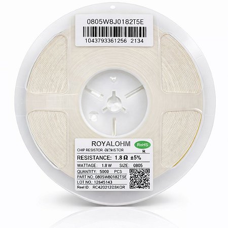 Resistor SMD 0805 1K8 Ohms 1/8W 5% – Embalagem 5.000 Unidades (0805W8J0182T5E)