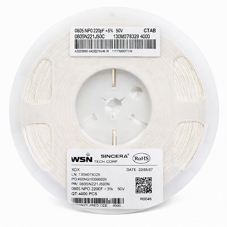 Capacitor Multicamadas SMD 220pF 50V 0805 5% (0805N221J500) 4.000 Unidades