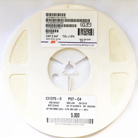 Capacitor 3.3nF 50V SMD 0603 X7R 10% Rolo 5000 Peças