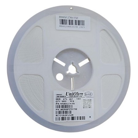 Rolo com 5.000 Resistores SMD 2,7K Ohms 0805 1/8W 1% 0805W8F2701T5E