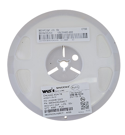 Rolo 4.000 Capacitores MLCC 22pF 50V C0G 0603 5% SMD - 0603N220J500CT