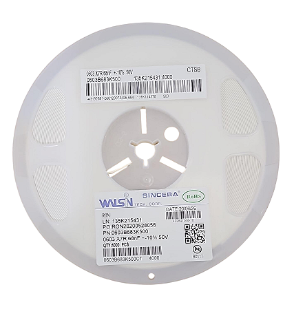 Capacitor MLCC 68nF 50V SMD 10% 0603B683K500 0603 - Rolo 4.000 Peças