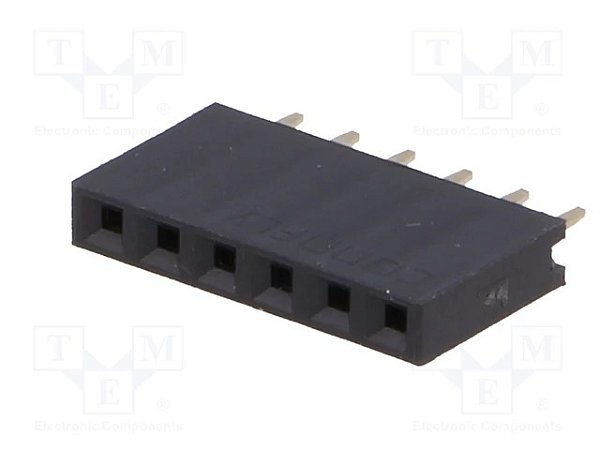 Barra de Pinos Fêmea 1x6 Vias 2,54mm 180° para PCB