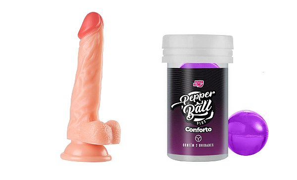 Kit Pênis realístico em silicone com testículo e ventosa + Pepper Ball Meu Bum-Bum Conforto (2uni)