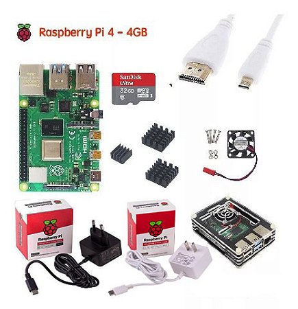 Kit Raspberry Pi 4B 4GB + Case Oficial com Dissipador e Cooler + Fonte + Cabo Hdmi e Micro SD 32GB