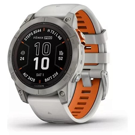 Relógio Multi Esportivo Garmin Fenix 7X Pro Safira Solar Titanio Cinza Nevoeiro 51mm com pulseira Interna Laranja com tela Touch e Lanterna