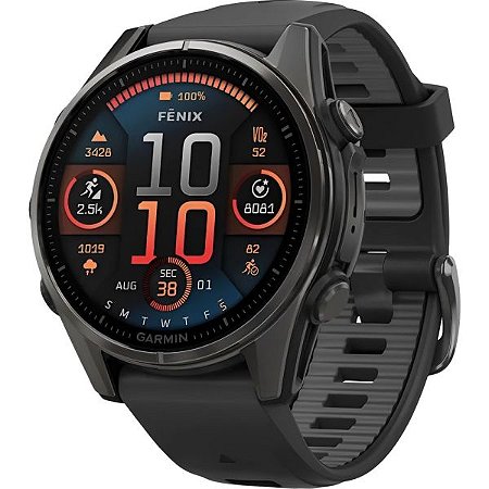 Garmin Fenix 8 Amoled Safira 43mm com pulseira Carbono e Coroa Cinza Chamadas com Viva Voz contém Lanterna Led - 2 Anos de Garantia