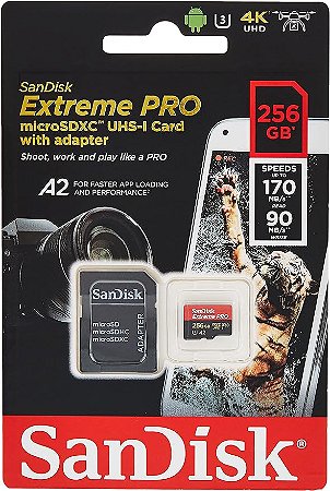 Cartão de Memória Sandisk Extreme Pro Micro SDXC UHS-I 256GB Classe 10 A2 4K 170mb/s leitura e 90mb/s gravação