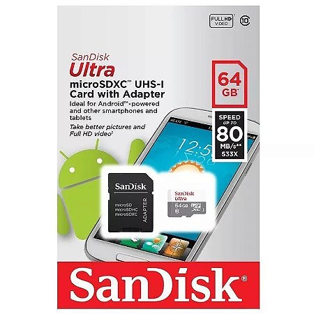 Cartão de Memoria Sandisk Ultra Original 64Gb Micro SD + Adaptador 80Mb/s