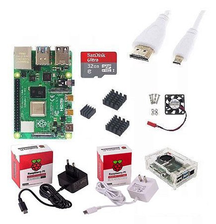 Kit Raspberry Pi 4B 4GB + Case Oficial com Dissipador e Cooler + Fonte + Cabo Hdmi e Micro SD 64GB