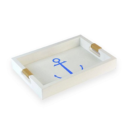 Bandeja Branca Âncora Azul em Madeira 35x25 cm Decoração Náutica Praia