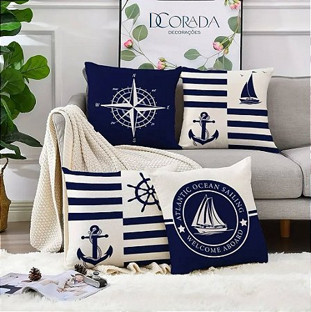 Kit 4 Almofadas Decoracao Nautica Praia Mar Azul Marinho com Enchimento