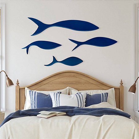 Kit 4 Peixes Azul Marinho em Madeira Decoração Náutica Praia