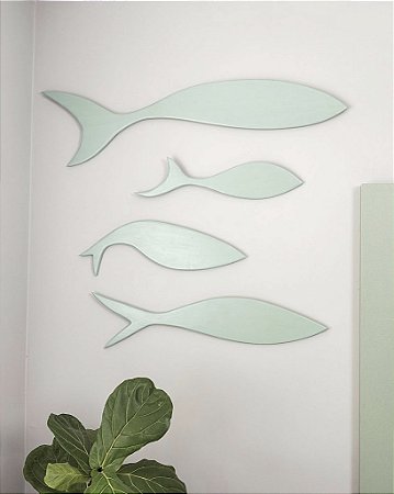 Kit 4 Peixes Verdes Pastel de Parede Decoração em Madeira