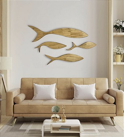 Kit 4 Peixes Marrom em Madeira Decoração Náutica Praia